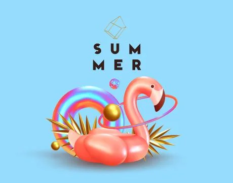 Background with 3d objects, bird shape pink flamingo, torus lifebuoy color gr 스톡 일러스트