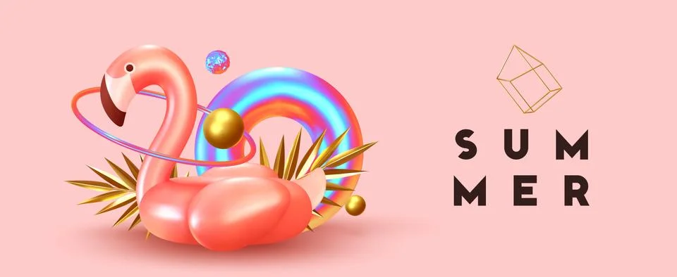 Background with 3d objects, bird shape pink flamingo, torus lifebuoy color gr 스톡 일러스트