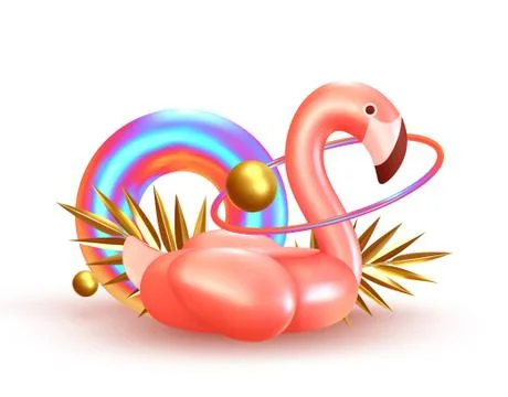 Background with 3d objects, bird shape pink flamingo, torus lifebuoy color gr Stock Illustration