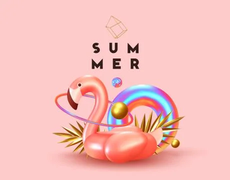 Background with 3d objects, bird shape pink flamingo, torus lifebuoy color gr Stock Illustration