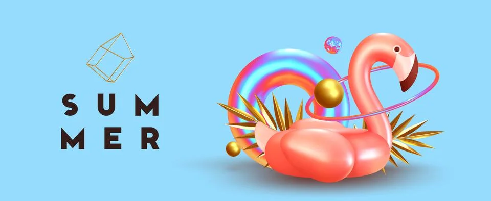 Background with 3d objects, bird shape pink flamingo, torus lifebuoy color gr Illustrazione stock