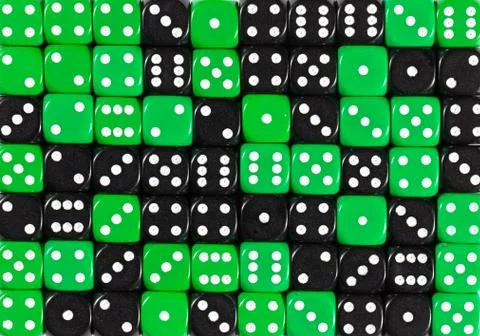 Background of 70 random ordered black and green dices Stock Photos