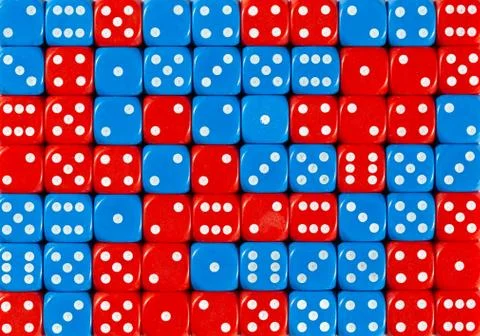 Background of 70 random ordered red and blue dices Stock Photos