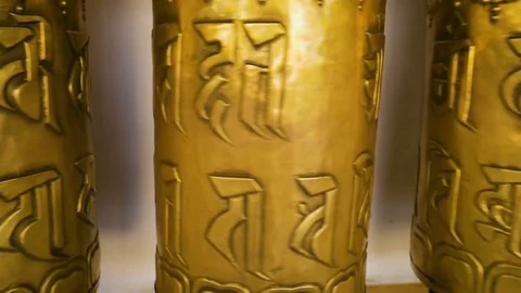 Background about buddhism, prayer mills in buddhist monastery Stock Footage 75258176