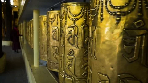 Background about buddhism, prayer mills in buddhist monastery Stock Footage 75258919