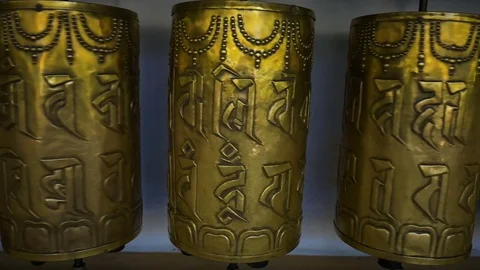Background about buddhism, prayer mills in buddhist monastery Stock Footage 75259207