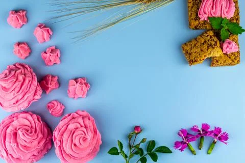 Background from above. Cookies, marshmallows Stock Photos