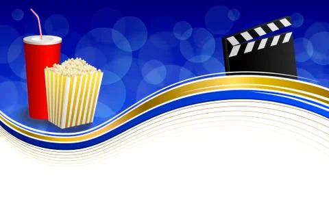 Background abstract blue red drink popcorn movie clapper board gold frame illust Stock Illustration