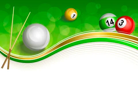 Background abstract green billiards pool cue red white yellow ball gold frame il Stock Illustration