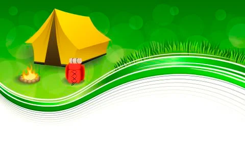 Background abstract green grass camping tourism yellow tent red backpack bonfire Stock Illustration