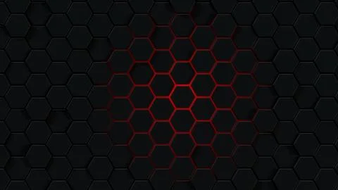 Background with abstract hexagons. Red outline on a black background. 3d rend Stock Illustration