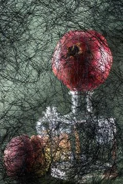 Background of abstract interwoven plastic thread against a backdrop Stock Photos