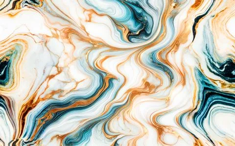 Background abstract marble pattern with colorful waves in blue, gold and white Stock Photos