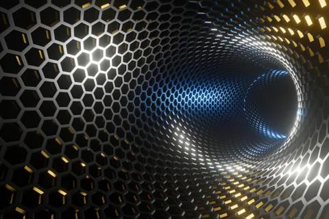 Background abstract space tunnel from a pattern of iron hexagons in the rays  Stock Illustration