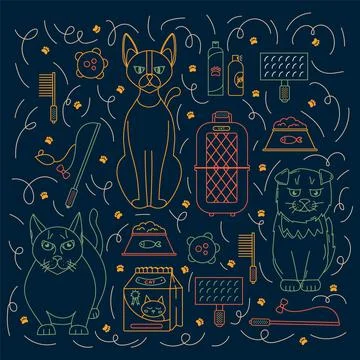 Background Accessories for pets and cat. Doodle pattern in line with characters Stock Illustration