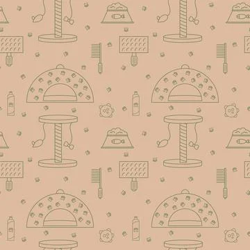 Background with accessories for pets cats. Pattern Doodle pets. Linear food Stock Illustration