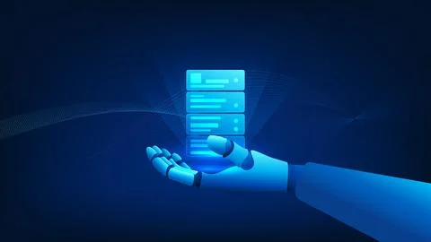 Background AI robotic hand holding a server system, representing artificial.. Stock Illustration
