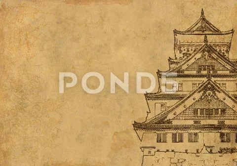 Background with ancient Japanese house Stock Illustration
