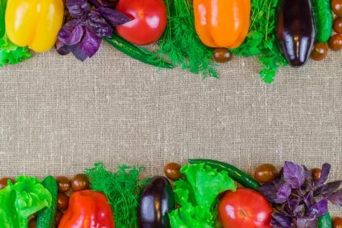 Background and frame of fresh raw organic vegetables Stock Photos