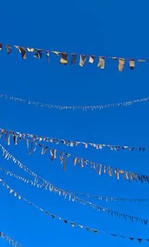 Background and texture of colored flags against the blue sky. Stock Photos