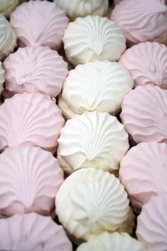 Background and texture of marshmallows sweets of white and pink color. Stock Photos