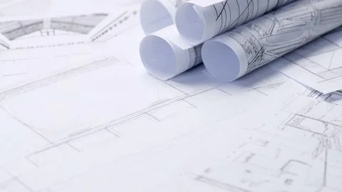Background with architectural drawings. Sheets with sketches of buildings. Stock Footage 196098504