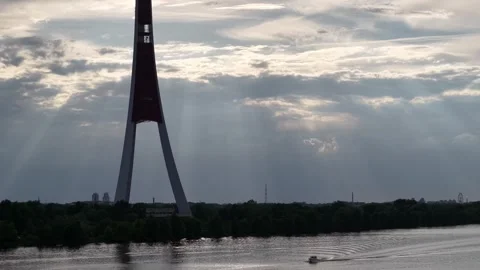 Background areal drone shot of Riga TV tower, summer 2026 Stock Footage 338187410