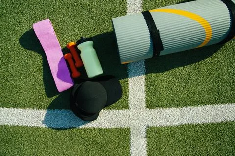 On the background of artificial grass there is a mat, a bottle, a fitness ela Stock Photos