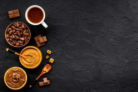 Background with assorted coffee and cocoa - beans with powder and hot drink Stock Photos