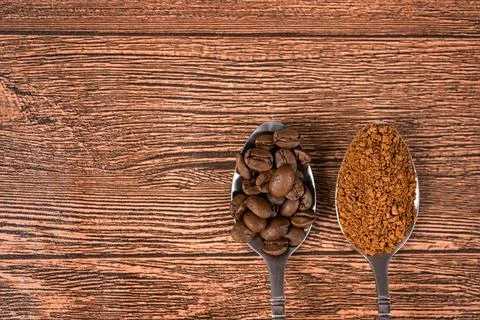 Background with assorted coffee, coffee beans, ground and instant. Stock Photos