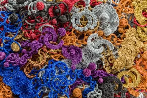 Background of assorted crochet fabric Stock-Fotos