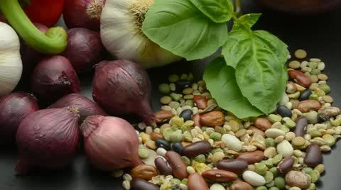 Background of assorted vegetables and dry beans Stock Footage 21906991