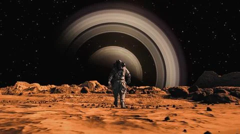 Background of an astronaut on the mars looking at the planet Stock Illustration