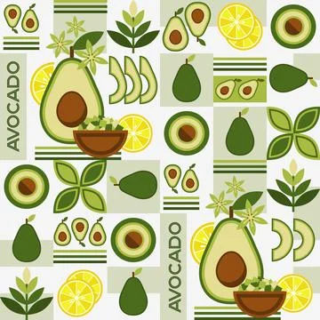 Background with avocado, lemon, geometric shapes Stock Illustration