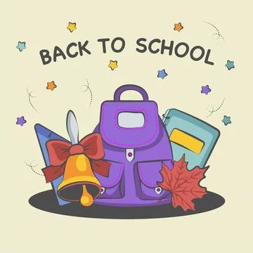 Background back to school composition from the backpack bell in a notebook Stock Illustration