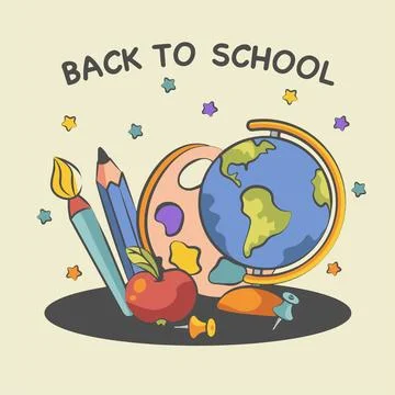 Background back to school composition from globe palette and brush Stock Illustration