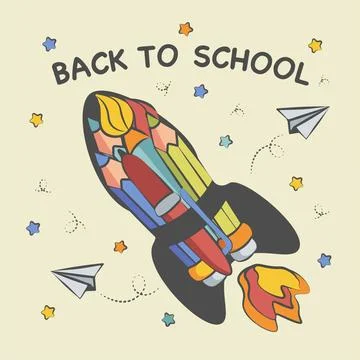 Background back to school composition from a rocket from pencils Stock Illustration