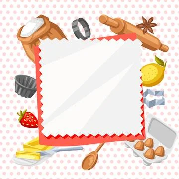 Background with bakery utensils. Cooking tools for home and recipe items. Stock Illustration
