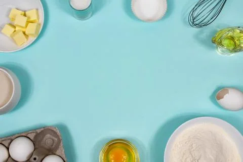 Background with baking ingredients. Flat lay. View from above. Stock Photos