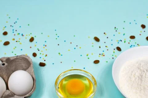 Background with baking ingredients. Flat lay. View from above. Stock Photos