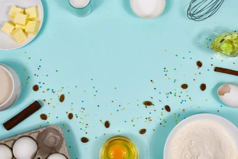 Background with baking ingredients. Flat lay. View from above. Stock Photos