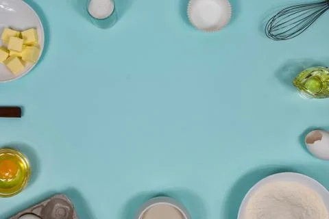 Background with baking ingredients. Flat lay. View from above. Stock-Fotos