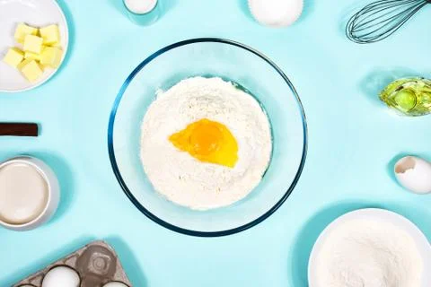 Background with baking ingredients. Flat lay. View from above. Stock Photos