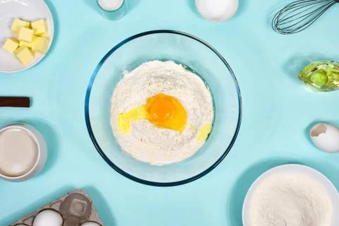 Background with baking ingredients. Flat lay. View from above. Stock Photos