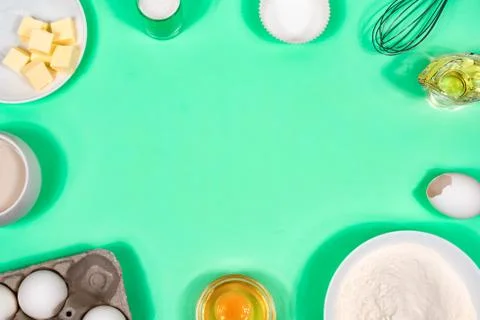 Background with baking ingredients. Flat lay. View from above. Stock Photos