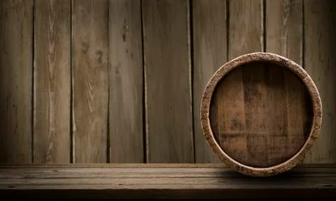 Background of Barrel and Worn Old Table of Wood Stock Photos