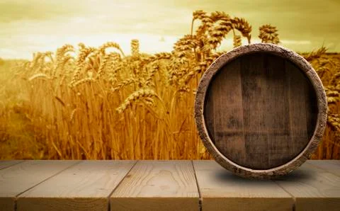 Background of Barrel and Worn Old Table of Wood Stock Photos