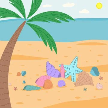 Background with beach seashore and seashells on the sand under a palm tree. Stock Illustration