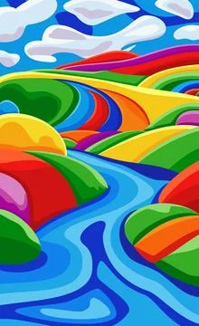 Background with beautiful landscape with mountains, river and hills, bright Stock Illustration