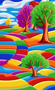 Background with beautiful landscape with trees, mountains, hills, bright color Stock Illustration